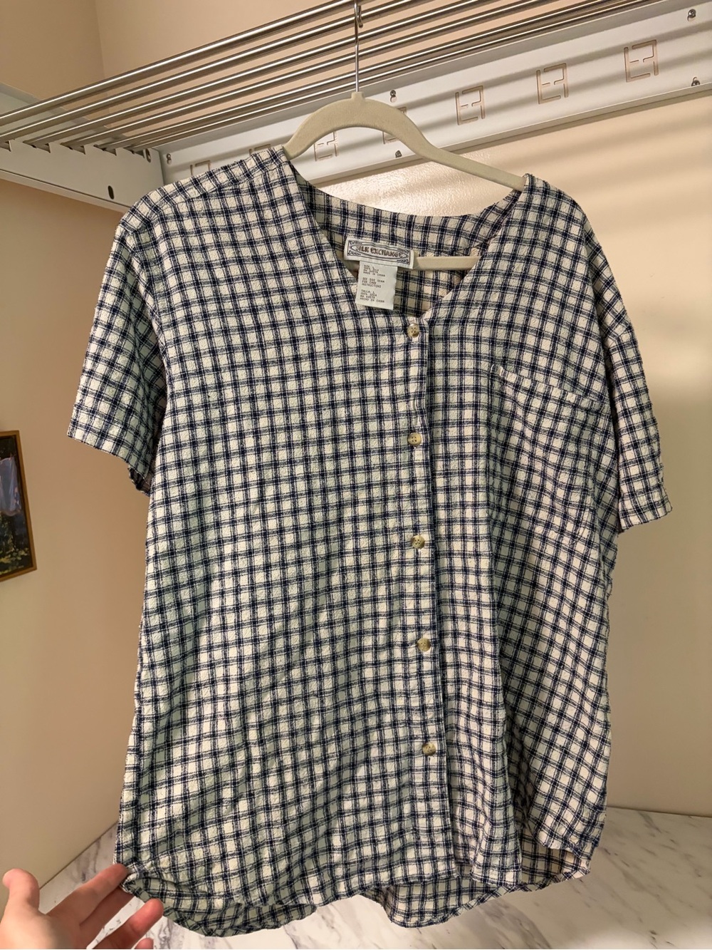 Vintage 100% Silk Exchange Navy and White Plaid Silk Blouse